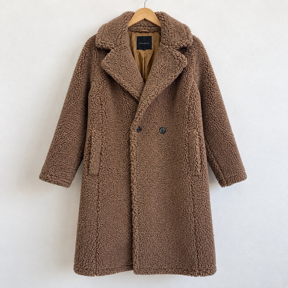 Talbots Womens Brown Teddy Bear Coat Double Breasted Faux Shearling Mid Length S